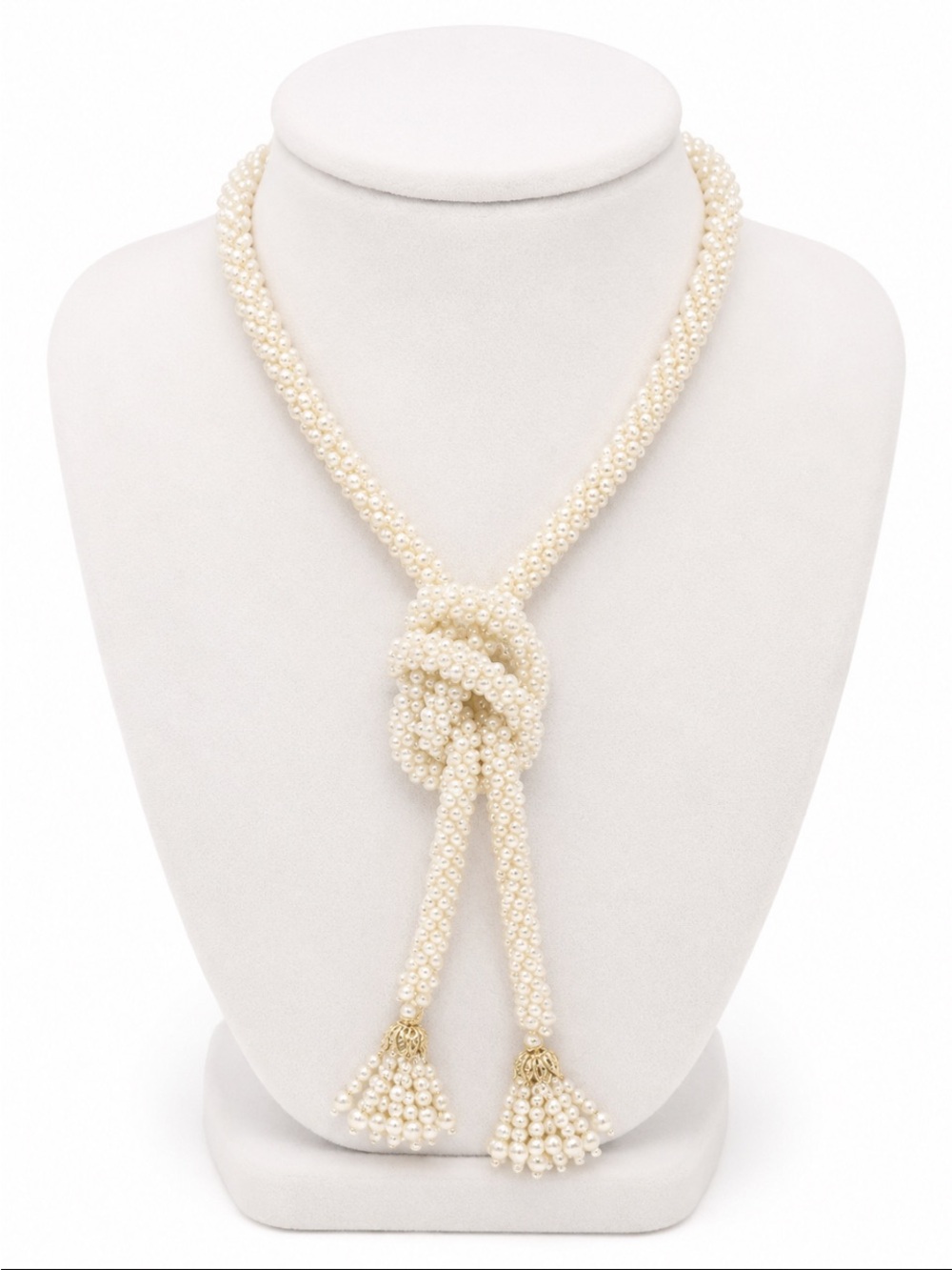 Ivory Pearl Lariat Knot Necklace with Tassel Ends